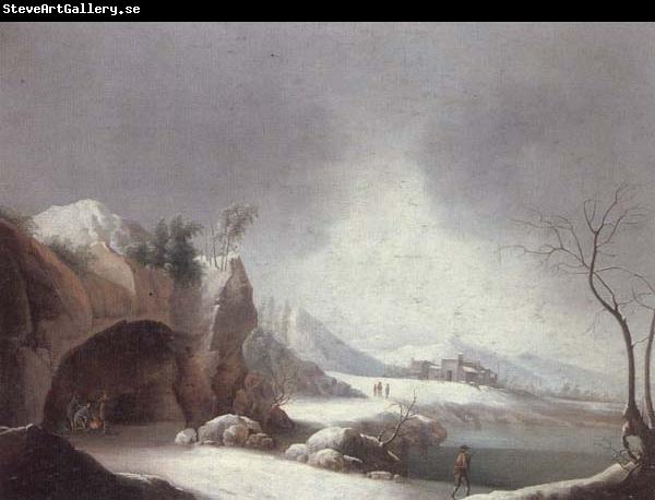 unknow artist A winter landscpae with travellers gathered aroubnd a fire in a grotto,overlooding a lake,a monastery beyond